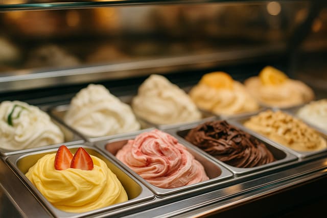Variété de glaces dans une vitrine réfrigérée